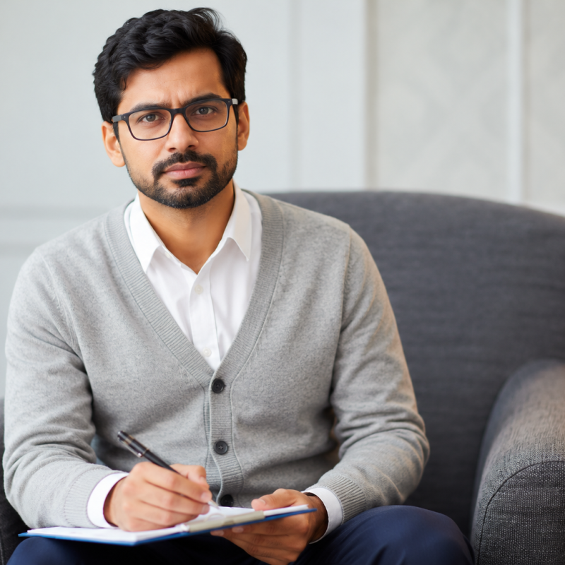Thoughtful Consultant with Clipboard, nasha mukti kendra in indore